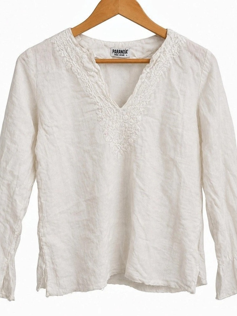 Paranoia White Linen Embroidered Kurti Style Top | Size L (Fits Small)